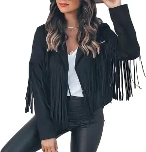 Fringe Faux Suede Leather Jackets for Women Tassel Motorcycle Moto Biker Short Open Front Tassel Coat
