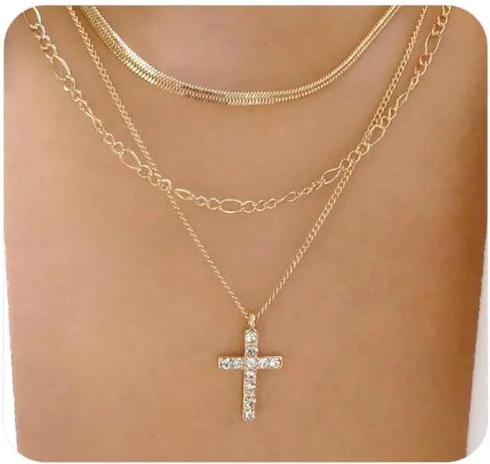 FUTIMELY Layering Rhinestone Cross Pendant Necklace,Glittering Zirconia Crucifix Pendant Statement Choker,Trendy Layered Plated Gold Cross Collar Necklace
