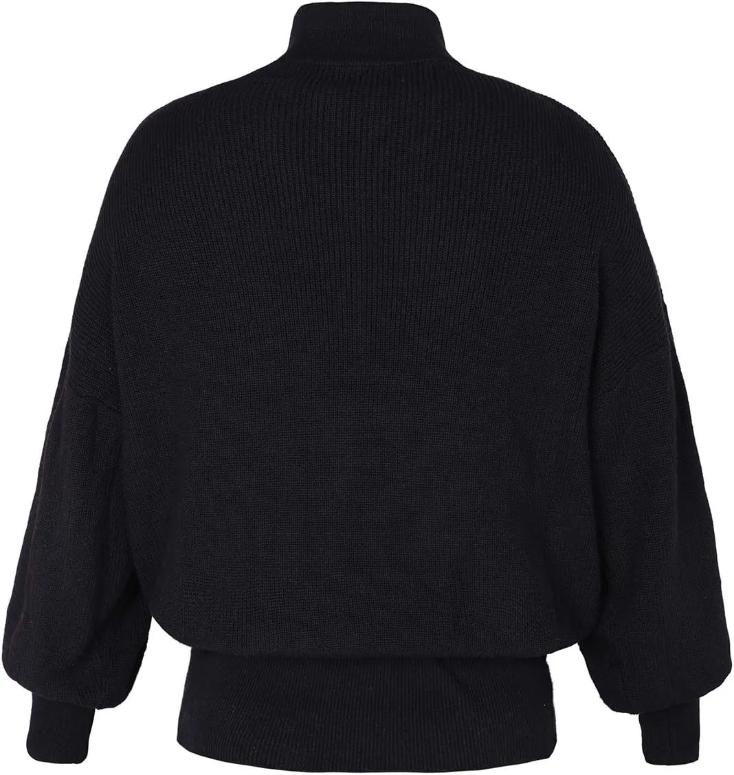 GABERLY Mock Neck Long Puff Sleeve Knitted Oversized Sweaters and Pullovers Blouse for Women