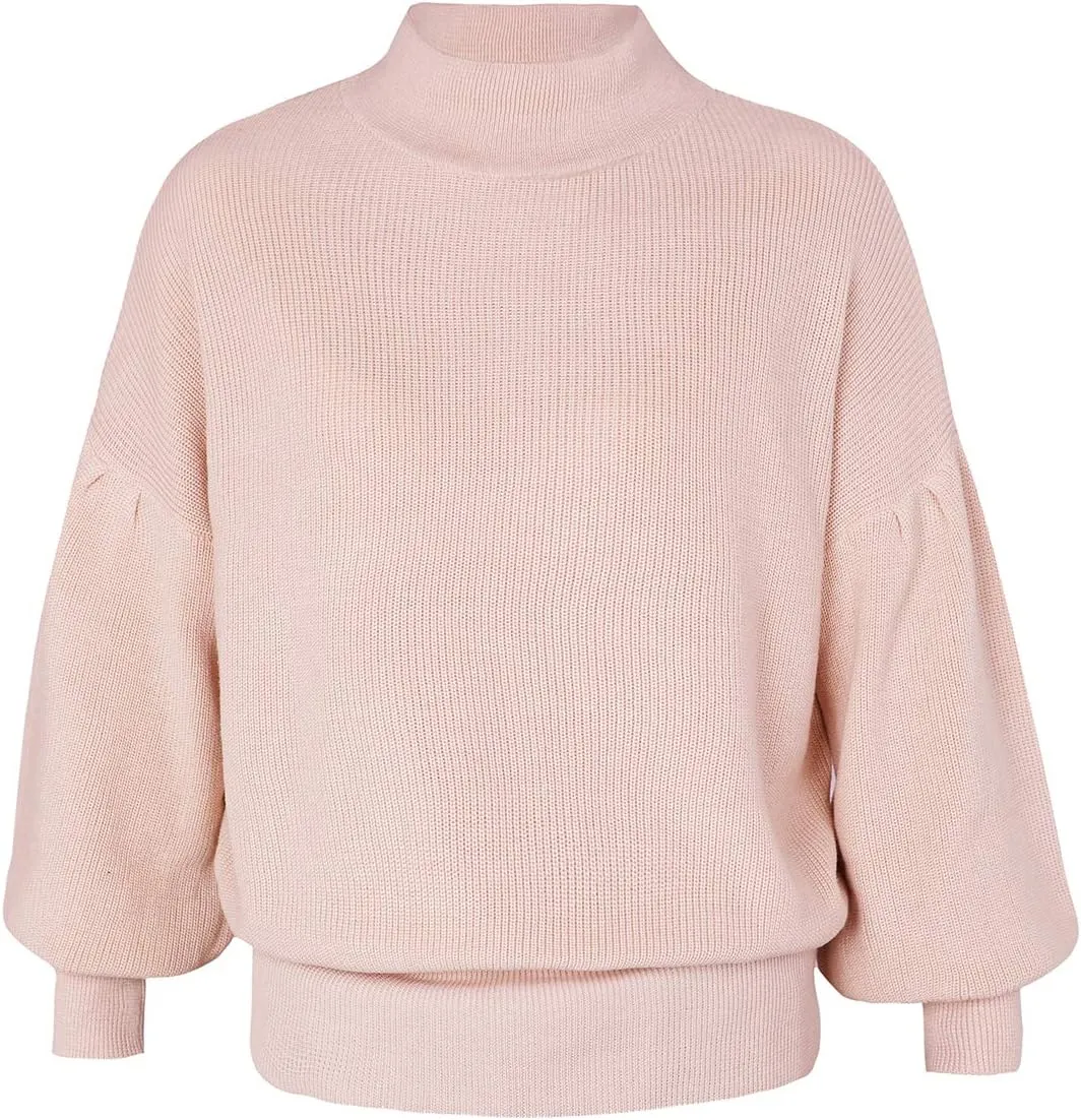 GABERLY Mock Neck Long Puff Sleeve Knitted Oversized Sweaters and Pullovers Blouse for Women