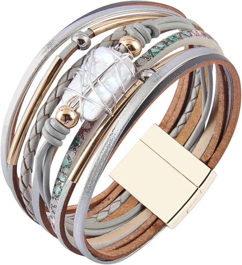 GelConnie Leather Cuff Bracelet Baroque Pearl Wrap Bracelet Gorgeous Gold Tube Bangle Boho Bracelet Bohemian Wristband Jewelry Gift for Women Wife