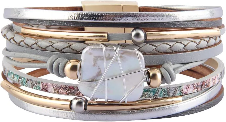 GelConnie Leather Cuff Bracelet Baroque Pearl Wrap Bracelet Gorgeous Gold Tube Bangle Boho Bracelet Bohemian Wristband Jewelry Gift for Women Wife