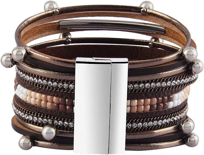 GelConnie Leather Wrap Bracelet Boho Cuff Bracelets Crystal Leather Bracelet Magnetic Multi Strand Bracelets Bohemian Bracelet Leather Wristbands Bangle Jewelry for Women Teen Wife Mother