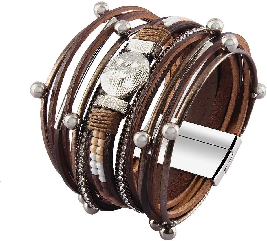 GelConnie Leather Wrap Bracelet Boho Cuff Bracelets Crystal Leather Bracelet Magnetic Multi Strand Bracelets Bohemian Bracelet Leather Wristbands Bangle Jewelry for Women Teen Wife Mother