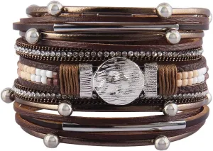 GelConnie Leather Wrap Bracelet Boho Cuff Bracelets Crystal Leather Bracelet Magnetic Multi Strand Bracelets Bohemian Bracelet Leather Wristbands Bangle Jewelry for Women Teen Wife Mother