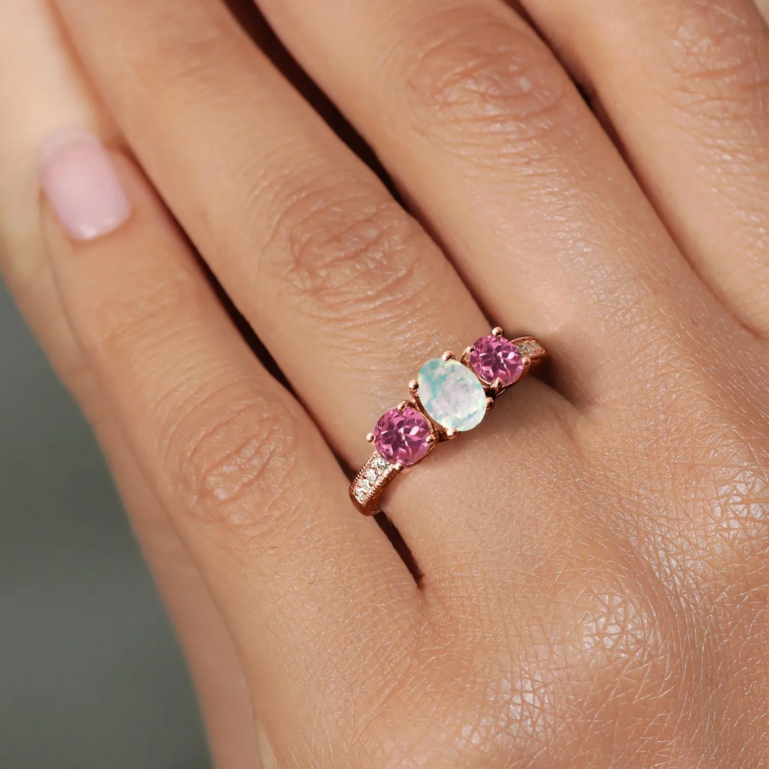 Gem Stone King 1.75 Cttw Oval Cabochon White Simulated Opal and Pink Tourmaline 18K Rose Gold Plated Silver Ring For Women | Gemstone Birthstone | Available In Size 5, 6, 7, 8, 9
