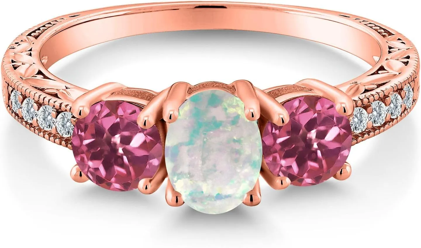 Gem Stone King 1.75 Cttw Oval Cabochon White Simulated Opal and Pink Tourmaline 18K Rose Gold Plated Silver Ring For Women | Gemstone Birthstone | Available In Size 5, 6, 7, 8, 9