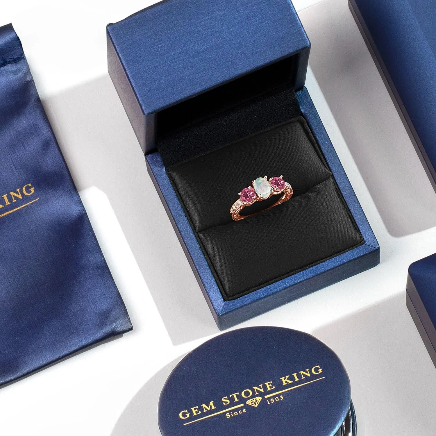 Gem Stone King 1.75 Cttw Oval Cabochon White Simulated Opal and Pink Tourmaline 18K Rose Gold Plated Silver Ring For Women | Gemstone Birthstone | Available In Size 5, 6, 7, 8, 9