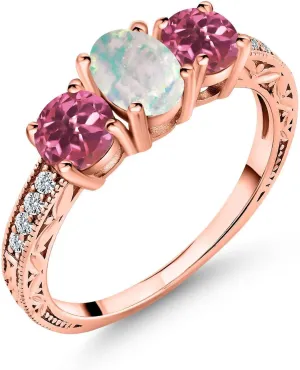 Gem Stone King 1.75 Cttw Oval Cabochon White Simulated Opal and Pink Tourmaline 18K Rose Gold Plated Silver Ring For Women | Gemstone Birthstone | Available In Size 5, 6, 7, 8, 9