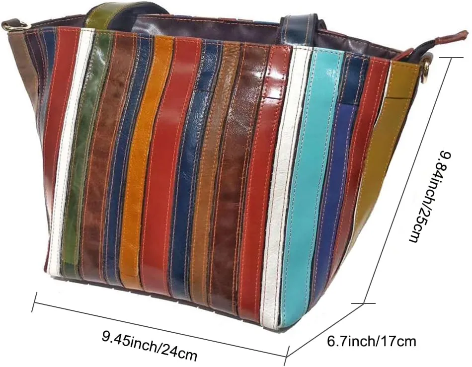 Genuine Leather Tote Handbag for Ladies Multi-color Patchwork Shoulder Satchel Women Colorful Crossbody Hobo Purses