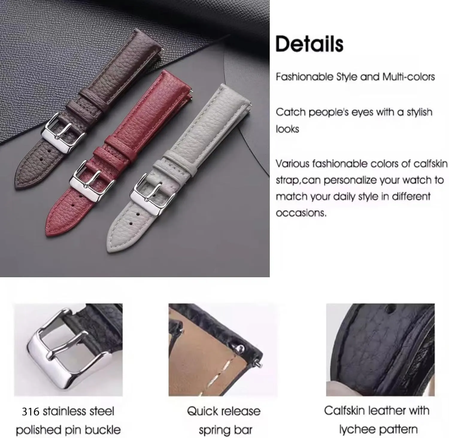 Genuine Leather Watch Band Hand-Stitched Texture Padded Italian Leather Strap Quick Release 12mm 13mm 14mm 15mm 16mm 17mm 18mm 19mm 20mm 21mm 22mm 23mm 24mm Replacement Band for Women Men