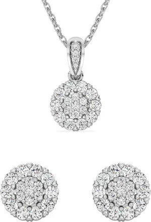 GILDED 1 CTTW Lab-Grown Diamond Round Necklace & Earring Set, Sterling Silver or 14K Gold-Plated, 18" Chain, Tarnish-Resistant, Elegant & Ethical Jewelry for Women, Gift-Boxed, Perfect for Gifting