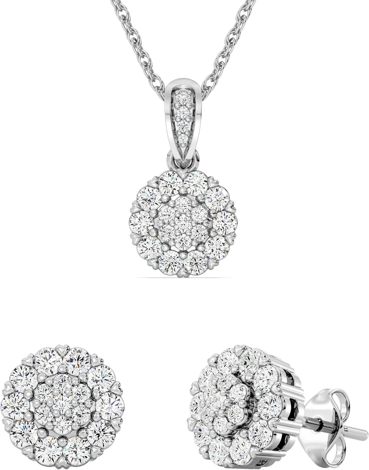 GILDED 1 CTTW Lab-Grown Diamond Round Necklace & Earring Set, Sterling Silver or 14K Gold-Plated, 18" Chain, Tarnish-Resistant, Elegant & Ethical Jewelry for Women, Gift-Boxed, Perfect for Gifting