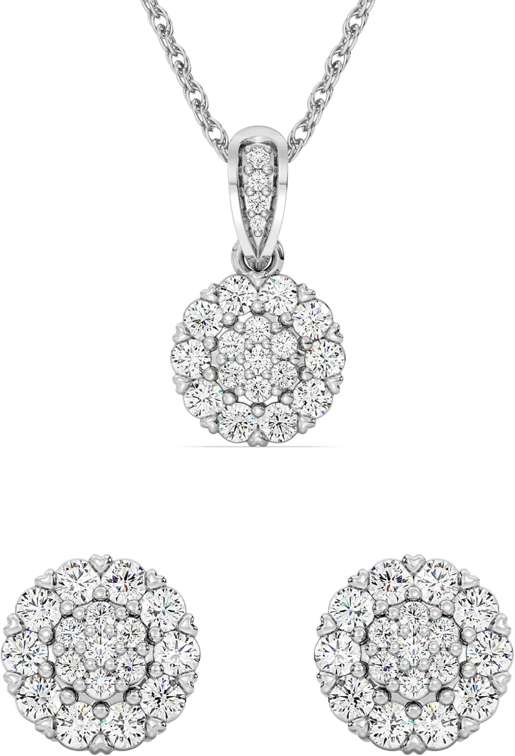 GILDED 1 CTTW Lab-Grown Diamond Round Necklace & Earring Set, Sterling Silver or 14K Gold-Plated, 18" Chain, Tarnish-Resistant, Elegant & Ethical Jewelry for Women, Gift-Boxed, Perfect for Gifting