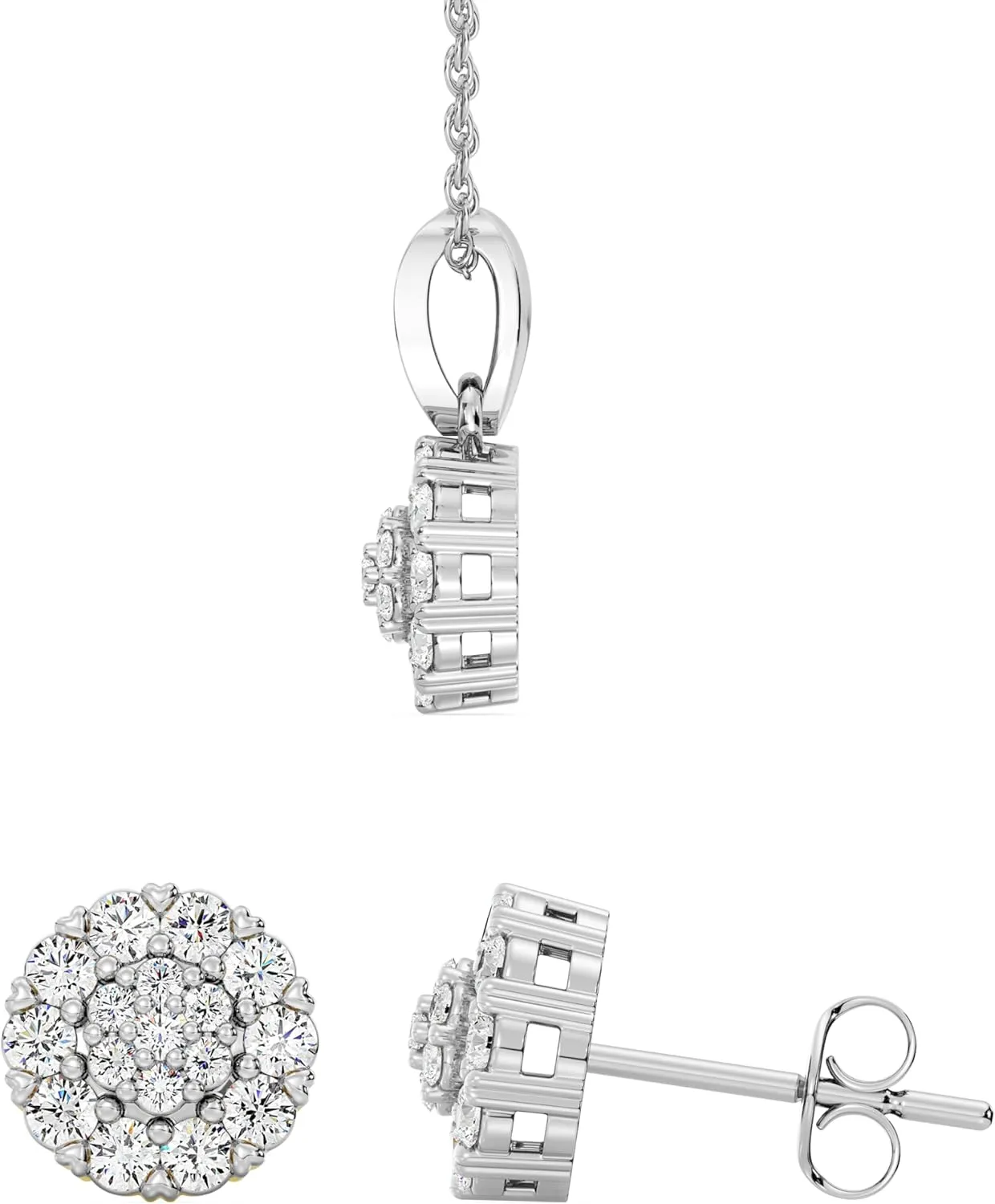 GILDED 1 CTTW Lab-Grown Diamond Round Necklace & Earring Set, Sterling Silver or 14K Gold-Plated, 18" Chain, Tarnish-Resistant, Elegant & Ethical Jewelry for Women, Gift-Boxed, Perfect for Gifting