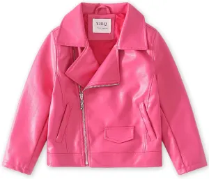 Girls Faux Leather Motorcycle Jacket Bomber Coat with Zipper Pockets Windproof Spring Fall Outerwear for Kids Ages 4-14