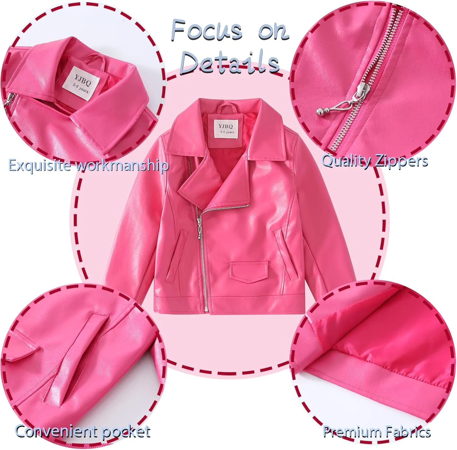 Girls Faux Leather Motorcycle Jacket Bomber Coat with Zipper Pockets Windproof Spring Fall Outerwear for Kids Ages 4-14