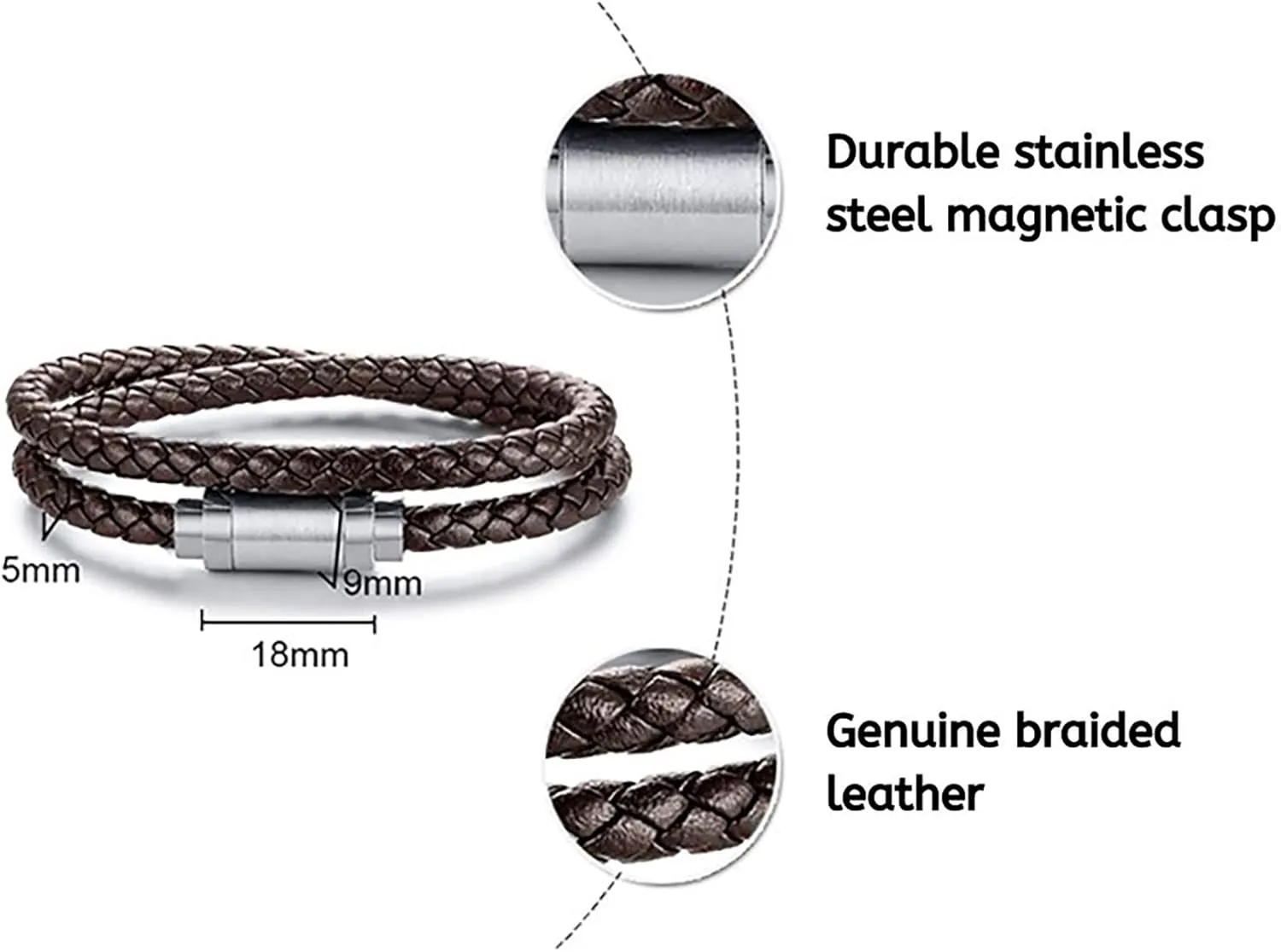 globi Leather Bracelet For Men | Genuine Wrap Braided Leather Cuff Bangle Bracelet with Magnetic Stainless Steel Clasp For Men/Women