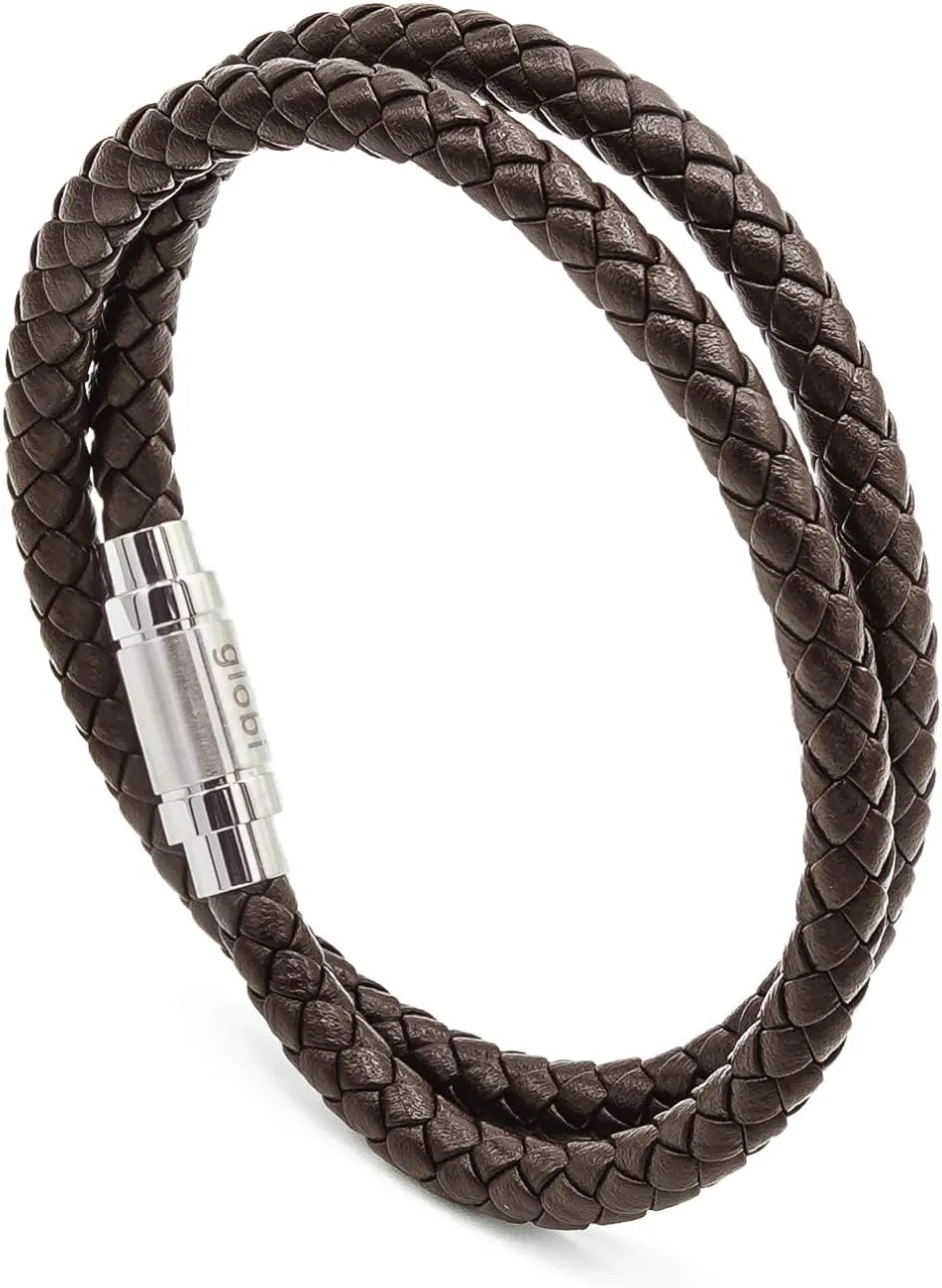 globi Leather Bracelet For Men | Genuine Wrap Braided Leather Cuff Bangle Bracelet with Magnetic Stainless Steel Clasp For Men/Women