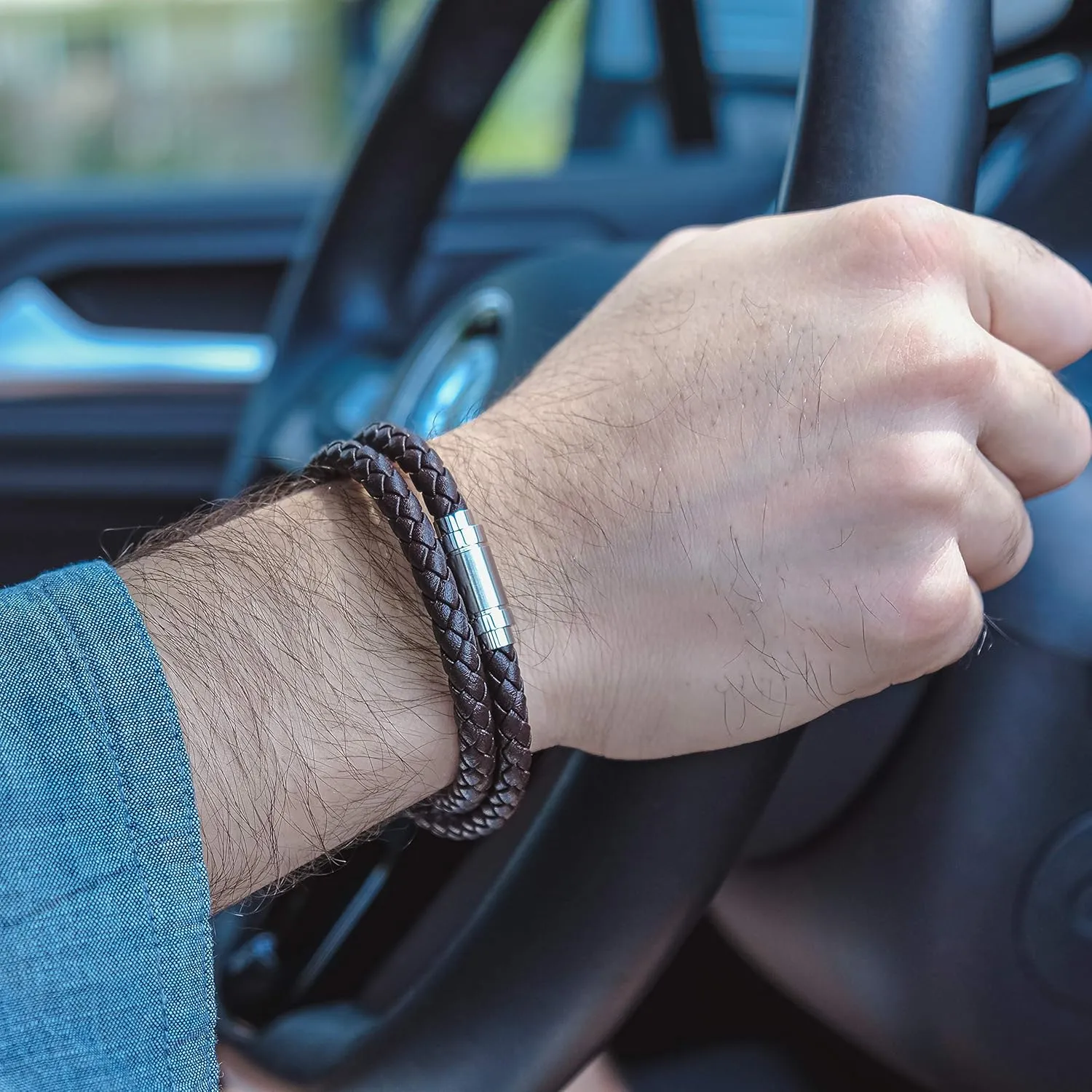 globi Leather Bracelet For Men | Genuine Wrap Braided Leather Cuff Bangle Bracelet with Magnetic Stainless Steel Clasp For Men/Women