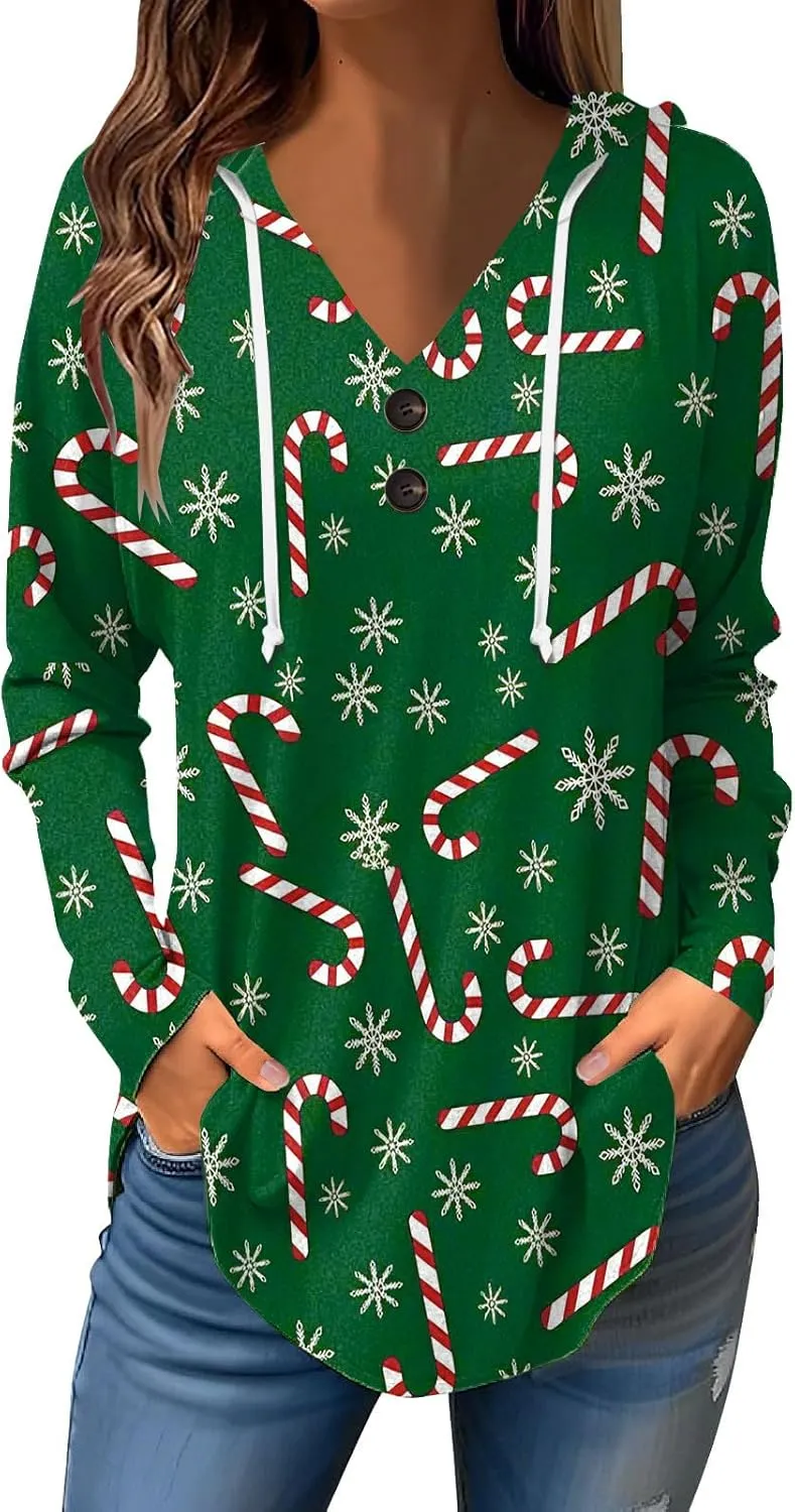 GOFULY Christmas Hoodie Womens Winter Oversized Button Shirt Drawstring Xmas Print Trendy Fall Tunic Tops Christmas Clothes