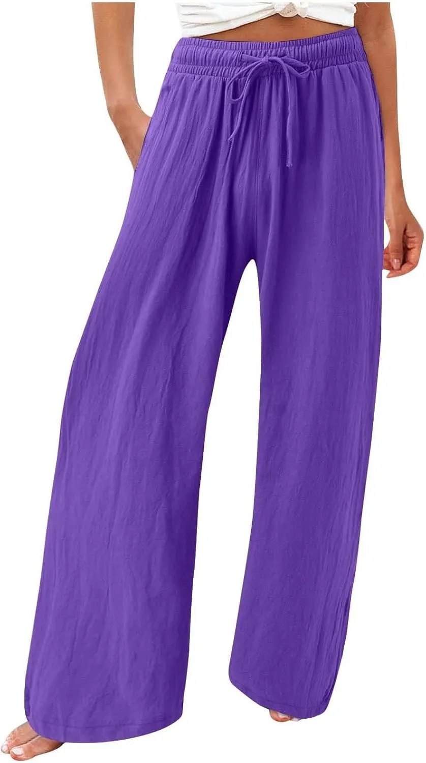 GOKKILRW Womens Linen Trouser Pants Drawstring Elastic Waist Wide Leg Pants Baggy Casual Dress Trousers Office Work Slacks