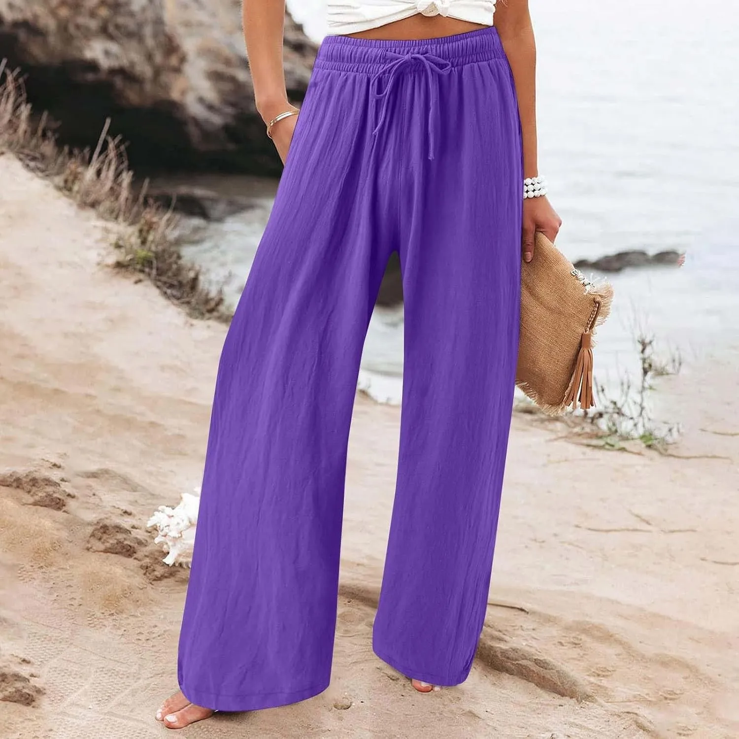 GOKKILRW Womens Linen Trouser Pants Drawstring Elastic Waist Wide Leg Pants Baggy Casual Dress Trousers Office Work Slacks