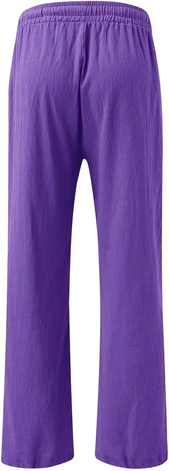 GOKKILRW Womens Linen Trouser Pants Drawstring Elastic Waist Wide Leg Pants Baggy Casual Dress Trousers Office Work Slacks