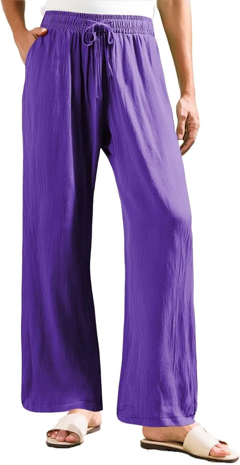 GOKKILRW Womens Linen Trouser Pants Drawstring Elastic Waist Wide Leg Pants Baggy Casual Dress Trousers Office Work Slacks