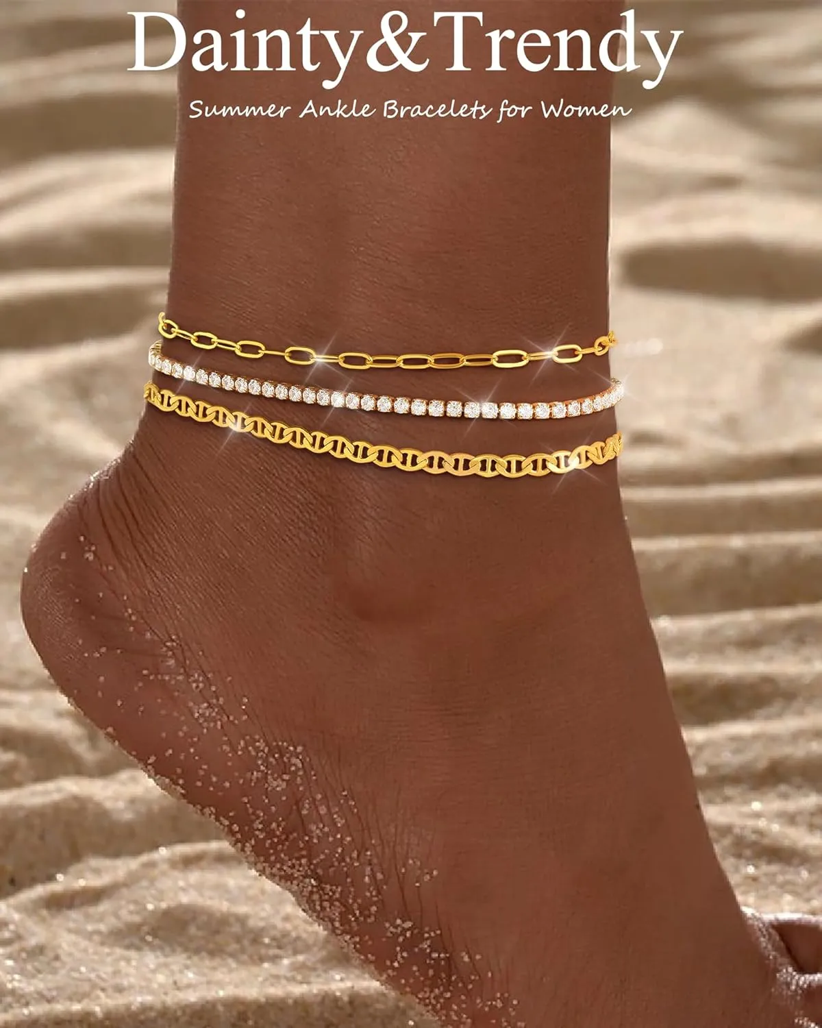 Gold Ankle Bracelets for Women 14K Gold Plated Anklets for Women Waterproof Non Tarnish Dainty Layered Heart Cuban Link Beaded Anklets Set Summer Beach Stuff Jewelry Gifts for Women Trendy