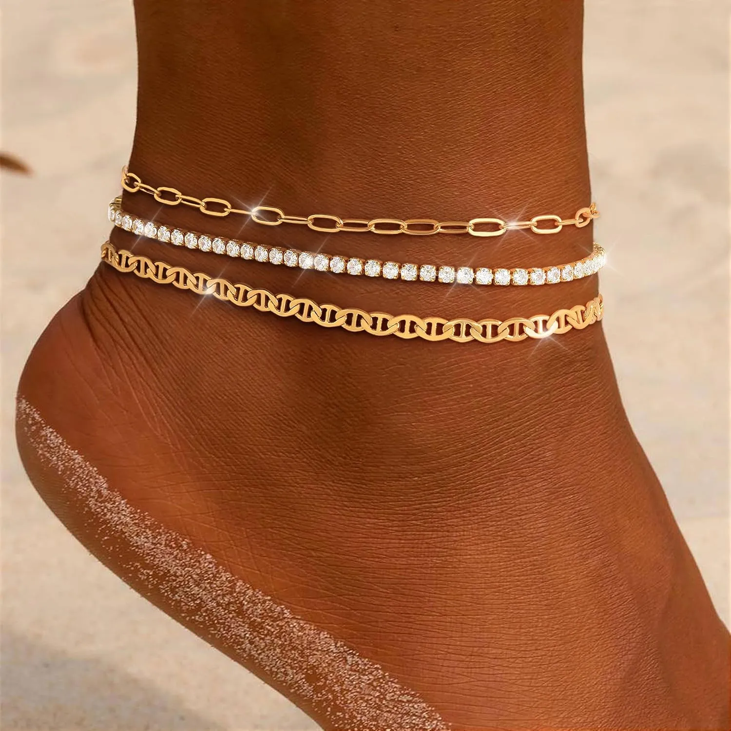 Gold Ankle Bracelets for Women 14K Gold Plated Anklets for Women Waterproof Non Tarnish Dainty Layered Heart Cuban Link Beaded Anklets Set Summer Beach Stuff Jewelry Gifts for Women Trendy