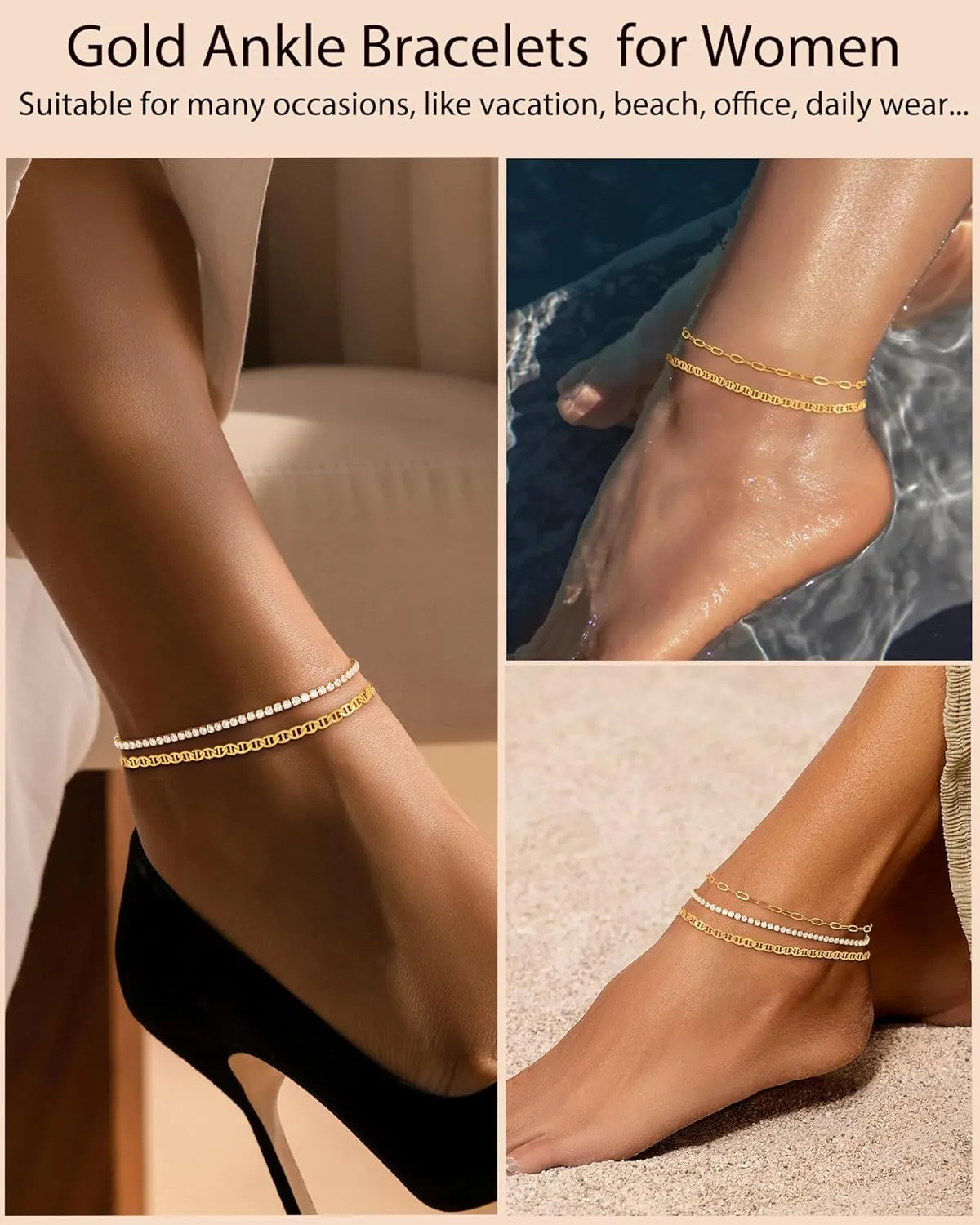 Gold Ankle Bracelets for Women 14K Gold Plated Anklets for Women Waterproof Non Tarnish Dainty Layered Heart Cuban Link Beaded Anklets Set Summer Beach Stuff Jewelry Gifts for Women Trendy