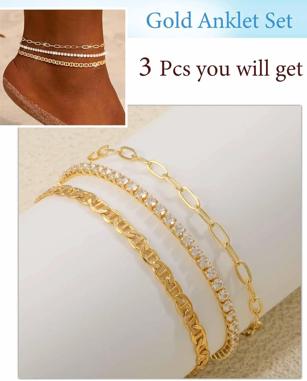 Gold Ankle Bracelets for Women 14K Gold Plated Anklets for Women Waterproof Non Tarnish Dainty Layered Heart Cuban Link Beaded Anklets Set Summer Beach Stuff Jewelry Gifts for Women Trendy