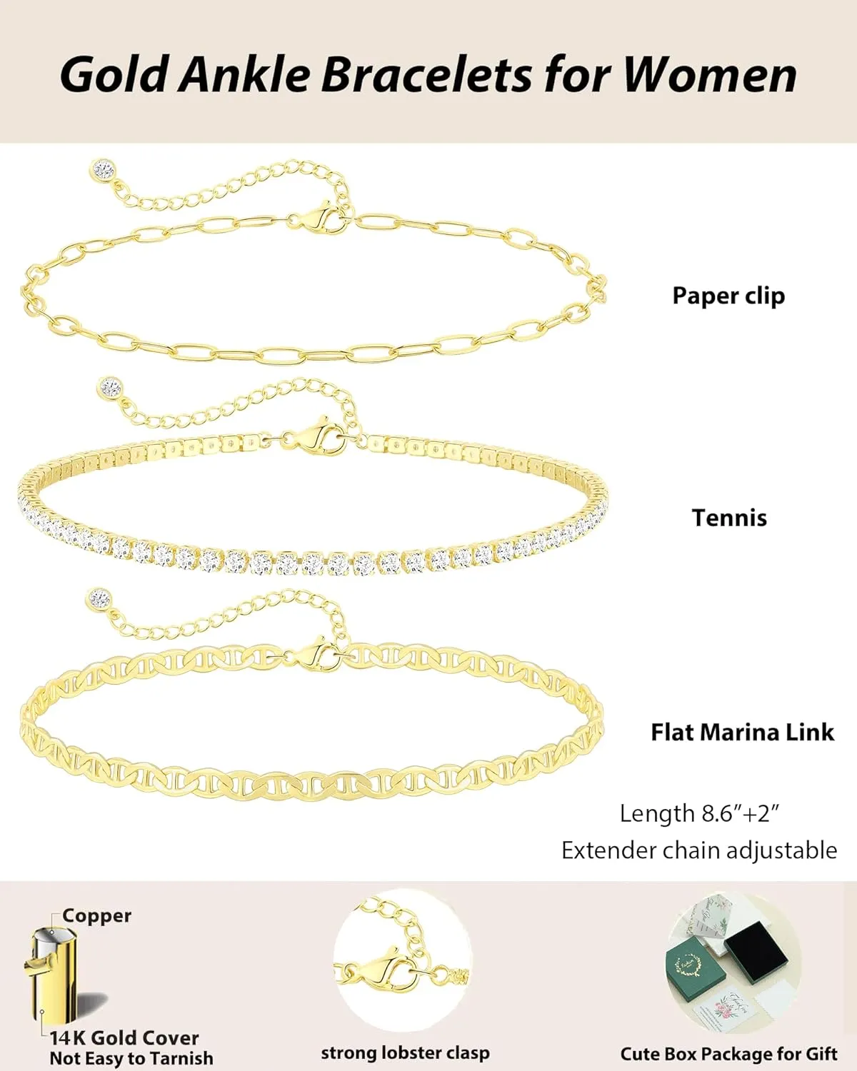 Gold Ankle Bracelets for Women 14K Gold Plated Anklets for Women Waterproof Non Tarnish Dainty Layered Heart Cuban Link Beaded Anklets Set Summer Beach Stuff Jewelry Gifts for Women Trendy
