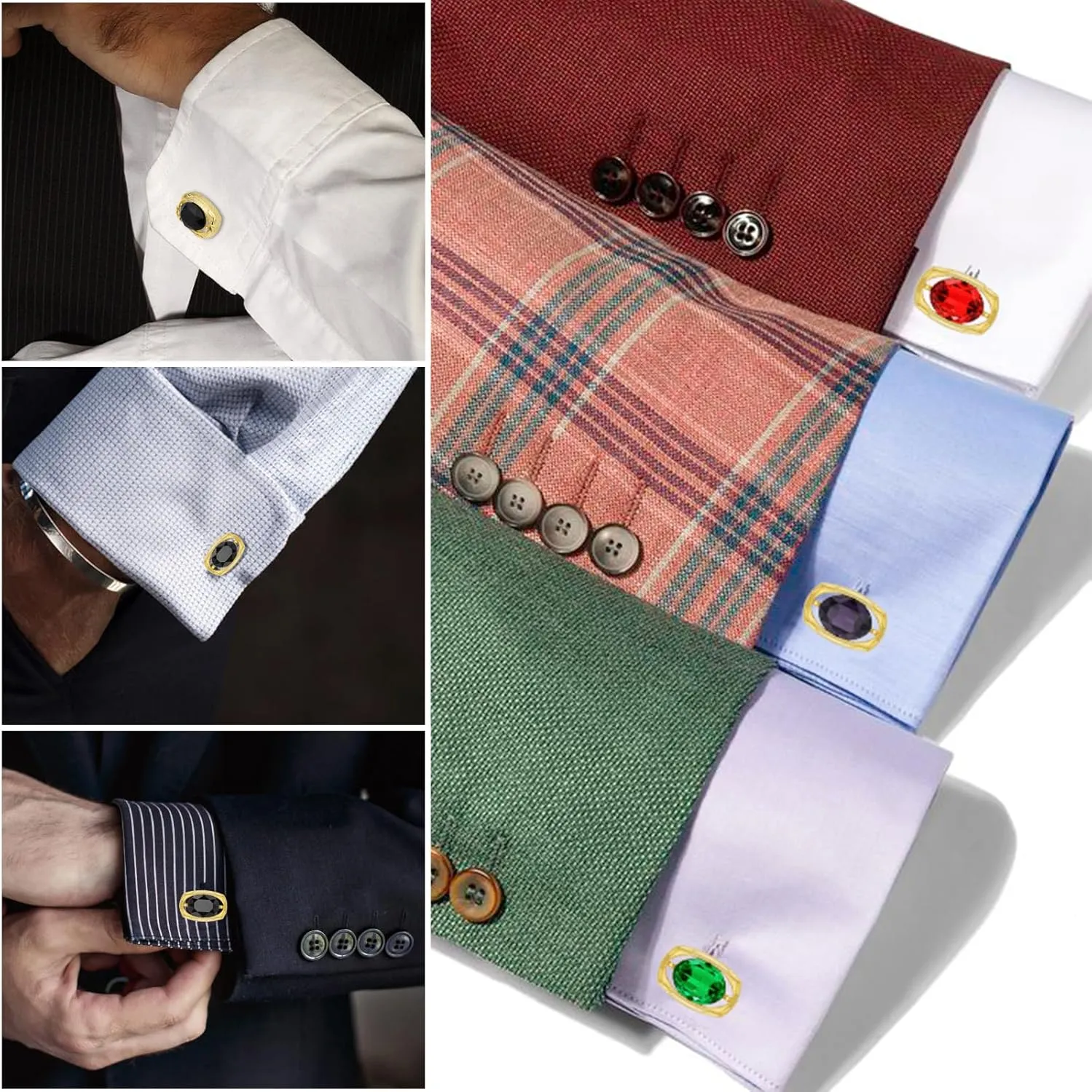 Gold Cufflinks for Men, TAIGRAMA Black Purple Green Red Crystal Cuff Links Mens as Wedding Business Birthday Gift for Groom Father Husband Boyfriend