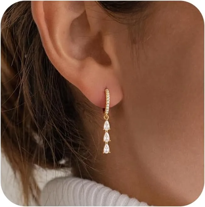 Gold Dangle Earrings for Women,Gold Huggie Drop Earrings Dainty 14k Gold Plated Wedding Earrings for Brides Hypoallergenic Small Drop Elegant CZ Earrings Dangle Gold Jewelry for Women Gifts