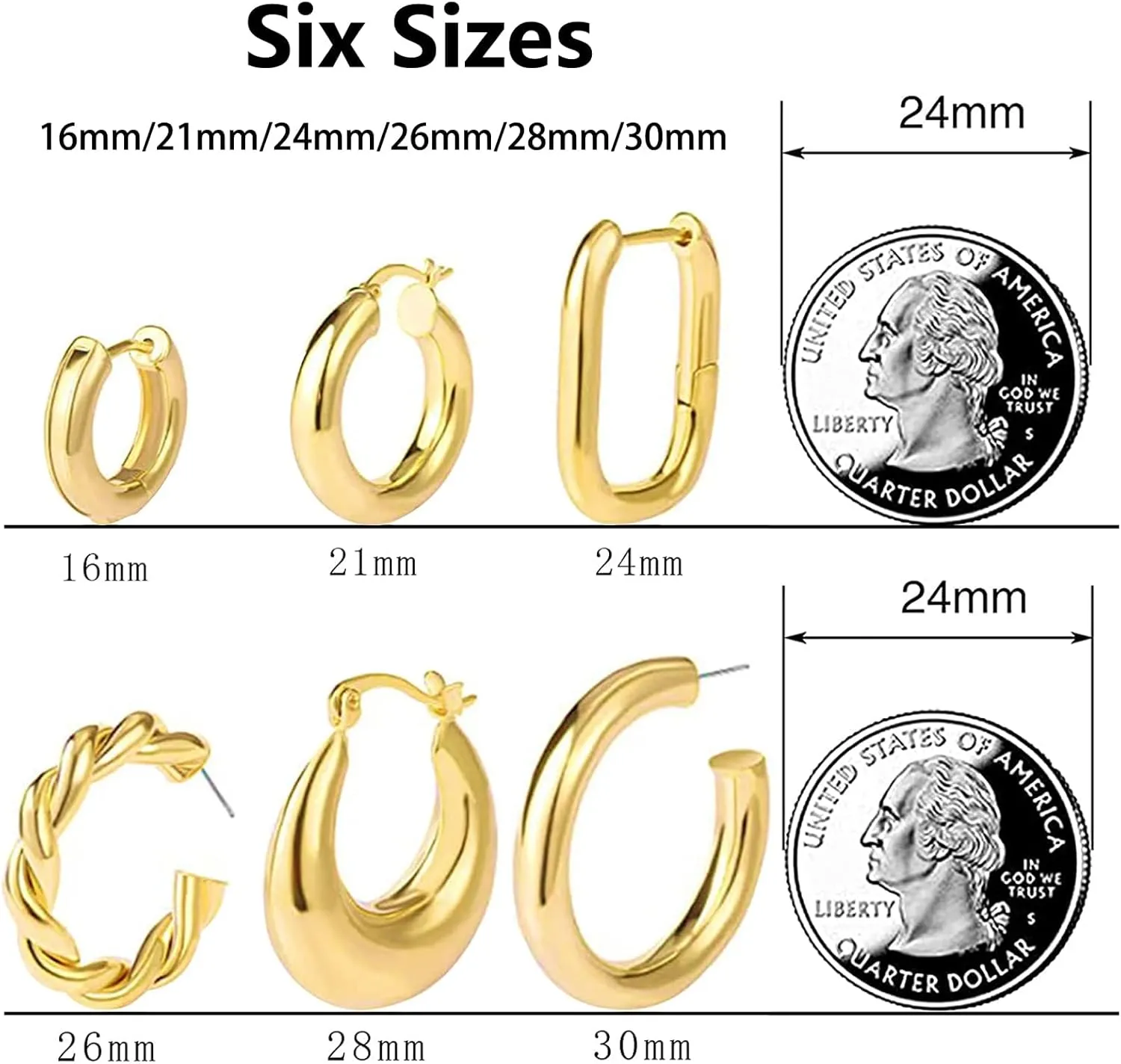 Gold Hoop Earrings for Women 6 Pairs 14K Gold Plated Chunky Gold Earrings Set Lightweight Small Thick Hoops Hypoallergenic Open Twist Huggie Hoop Earrings Fashion Jewelry Gifts