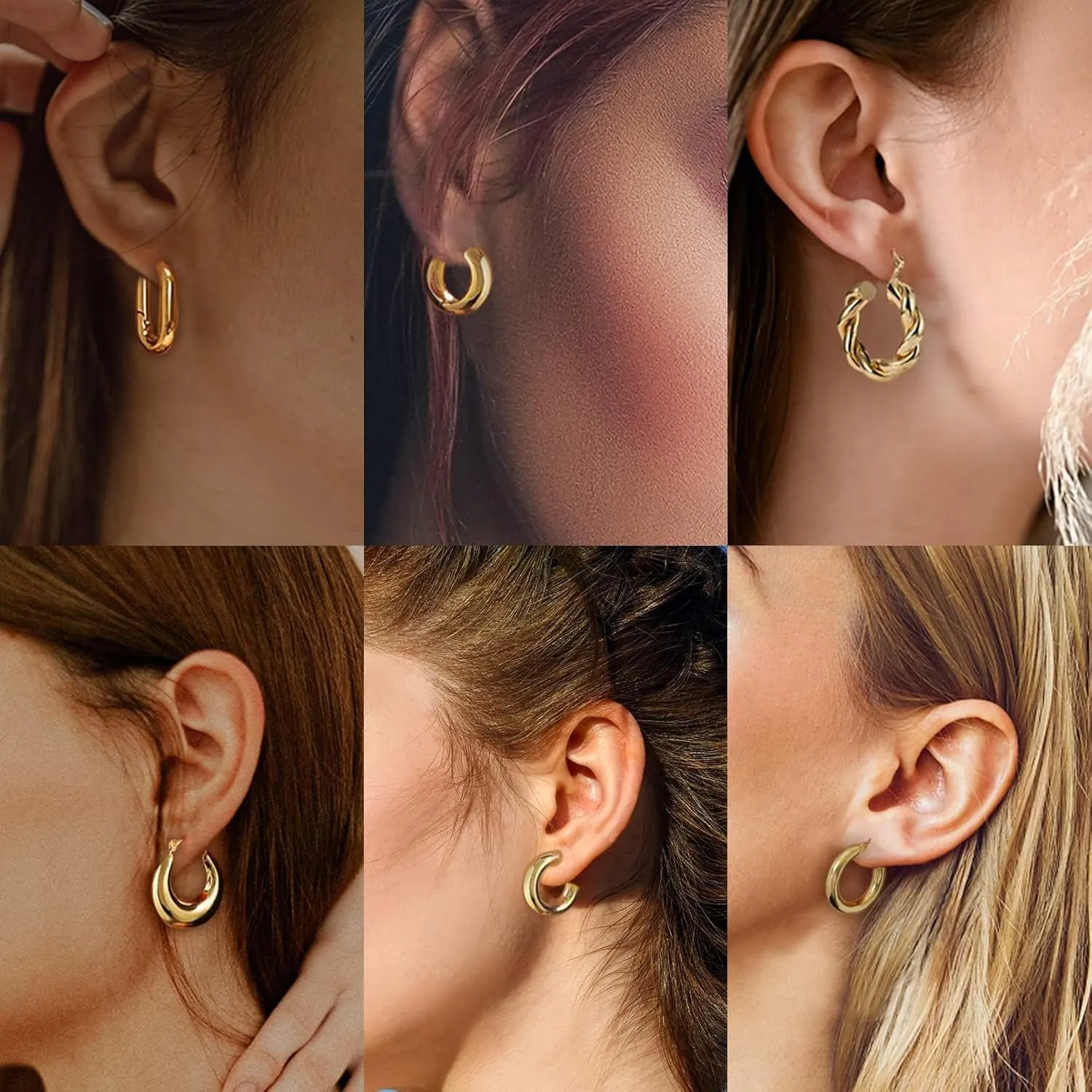 Gold Hoop Earrings for Women 6 Pairs 14K Gold Plated Chunky Gold Earrings Set Lightweight Small Thick Hoops Hypoallergenic Open Twist Huggie Hoop Earrings Fashion Jewelry Gifts