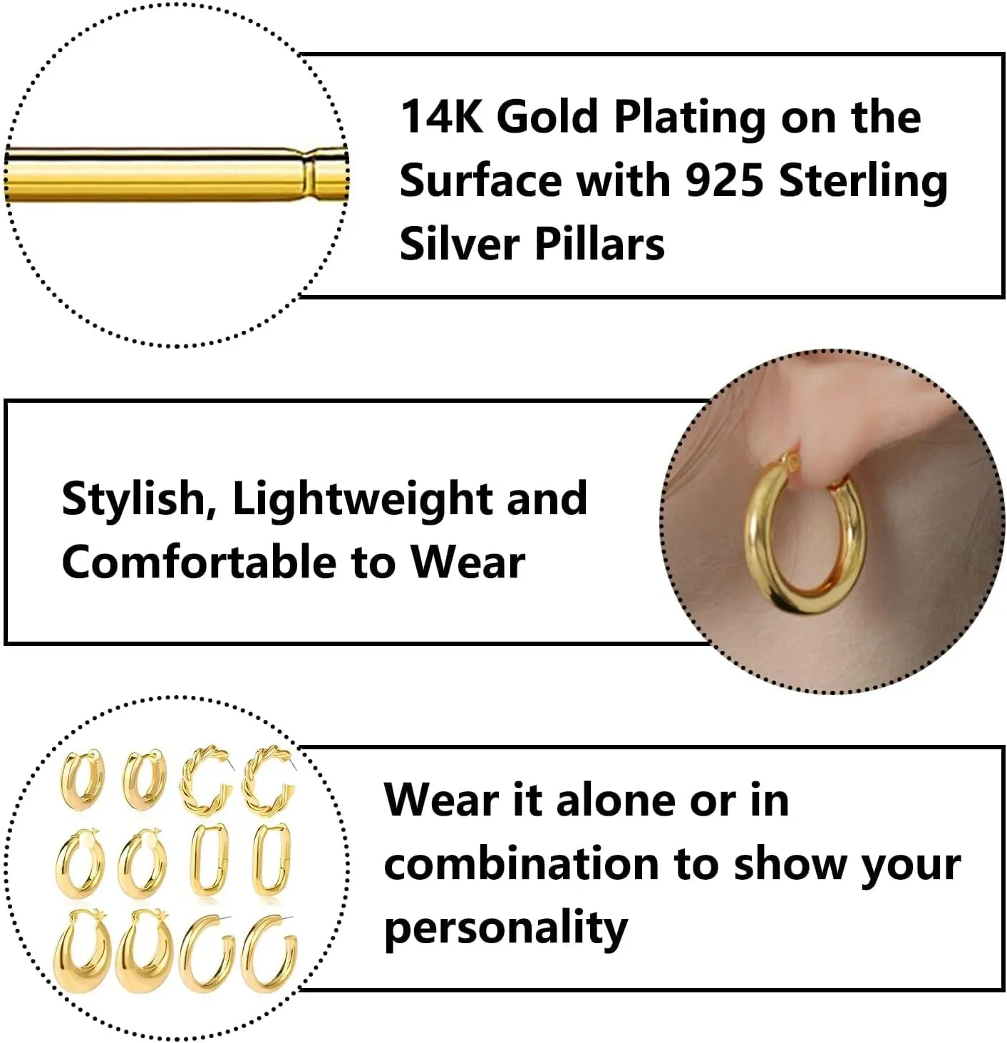 Gold Hoop Earrings for Women 6 Pairs 14K Gold Plated Chunky Gold Earrings Set Lightweight Small Thick Hoops Hypoallergenic Open Twist Huggie Hoop Earrings Fashion Jewelry Gifts