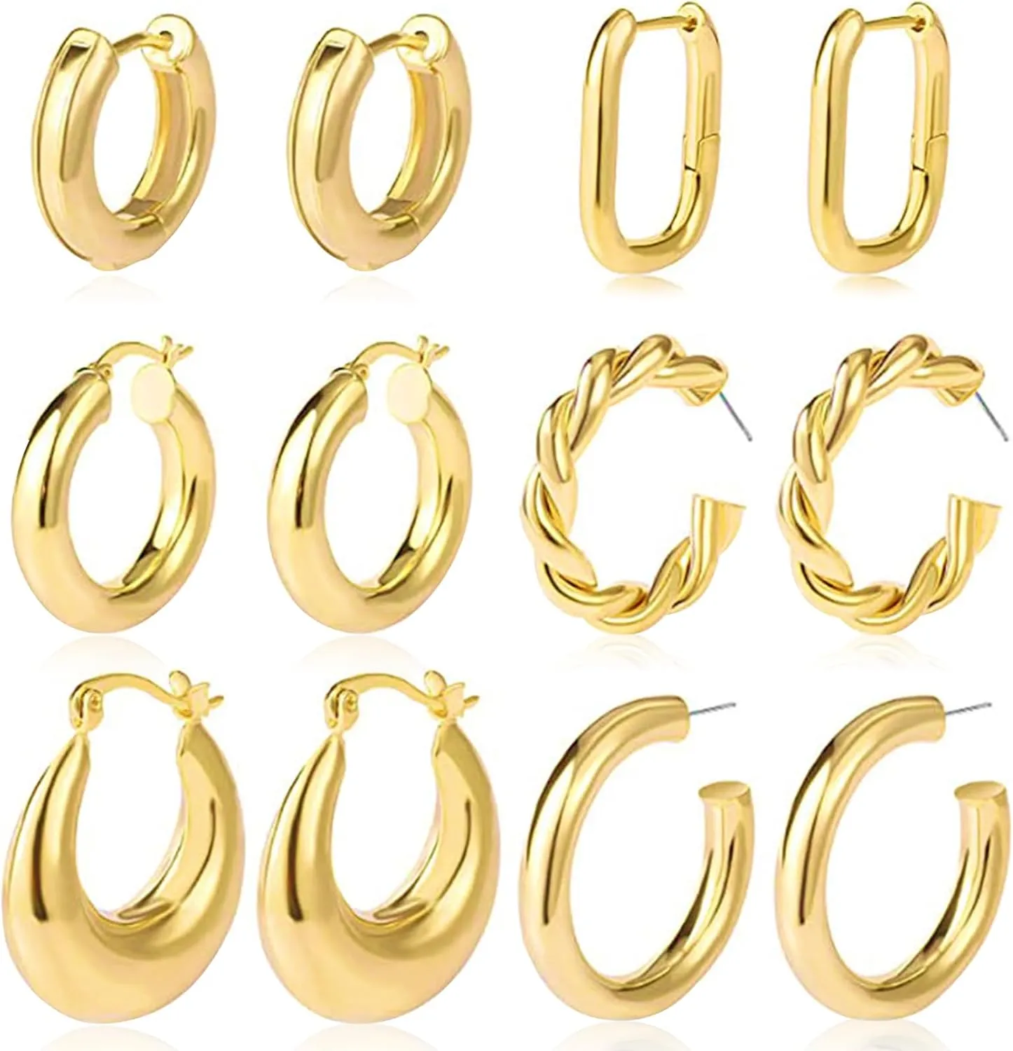 Gold Hoop Earrings for Women 6 Pairs 14K Gold Plated Chunky Gold Earrings Set Lightweight Small Thick Hoops Hypoallergenic Open Twist Huggie Hoop Earrings Fashion Jewelry Gifts