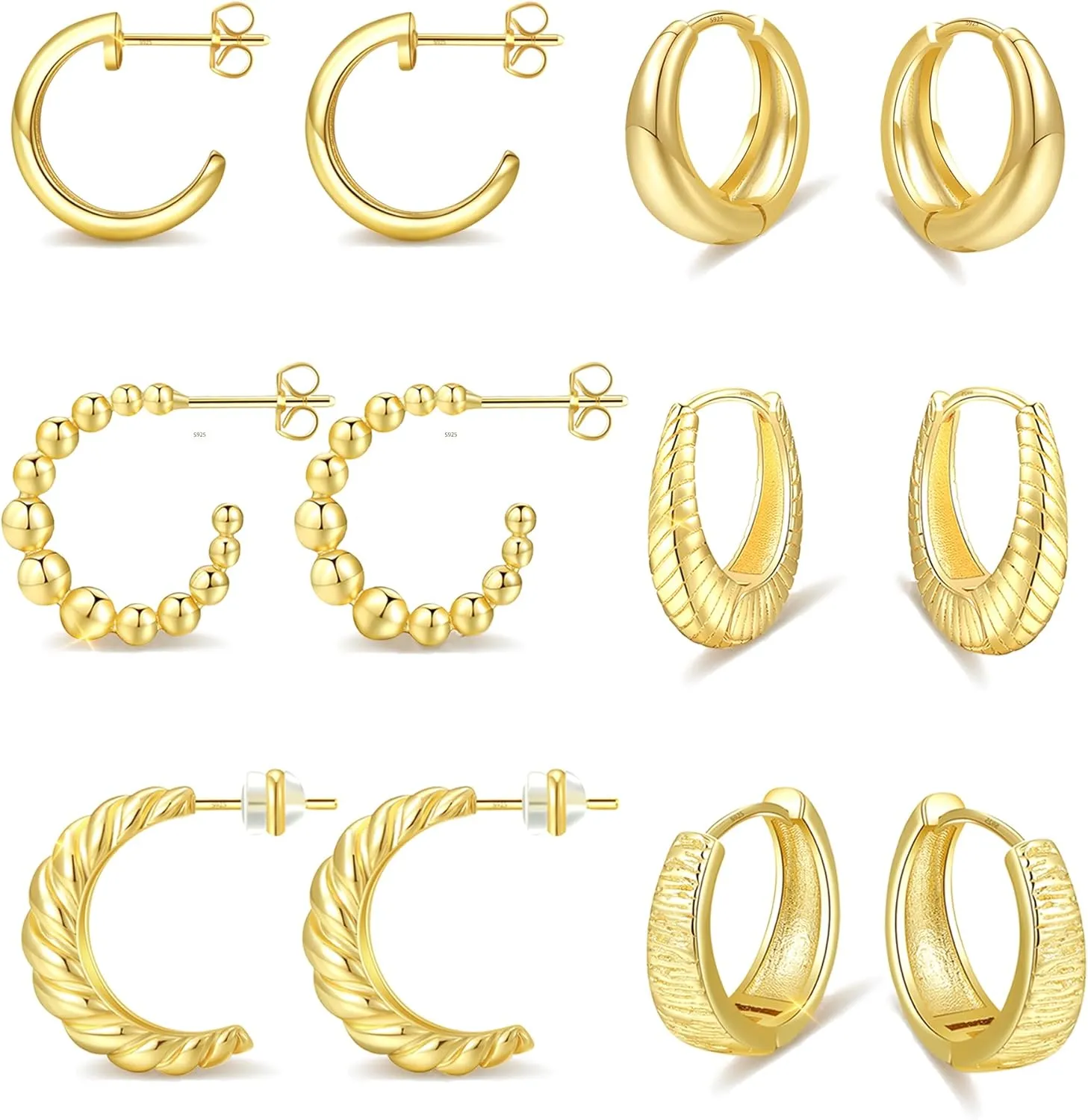 Gold Hoop Earrings Set for Women,14K Gold Plated Gold Hoops Twisted Huggie Earrings Hypoallergenic Lightweight Chunky Open Hoops Set Gold Jewelry Gifts for Women 4 Pairs