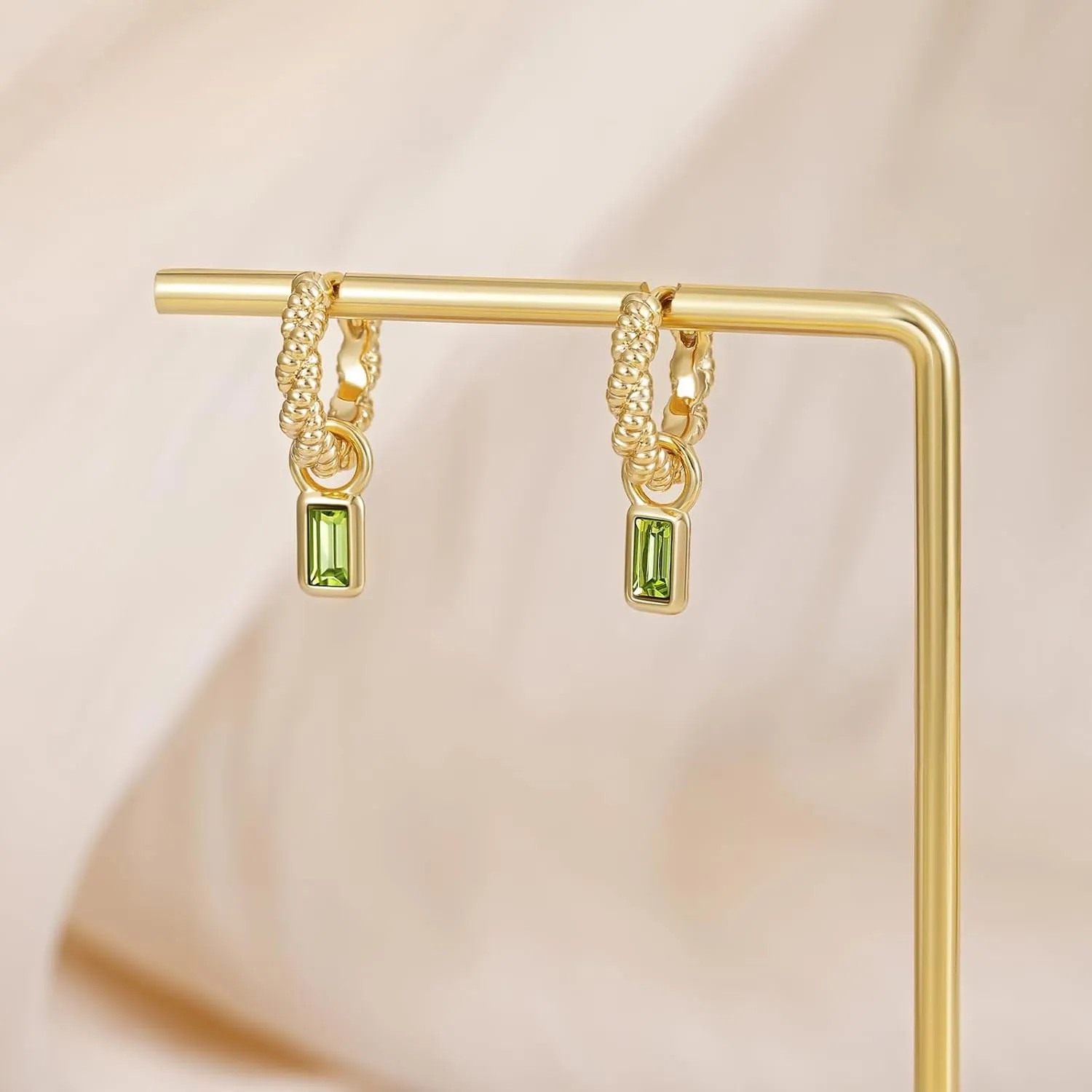 Gold Hoops Earrings for Women Dainty Twist Small Emerald Cut Crystal Charm Drop Dangle Hypoallergenic Earring