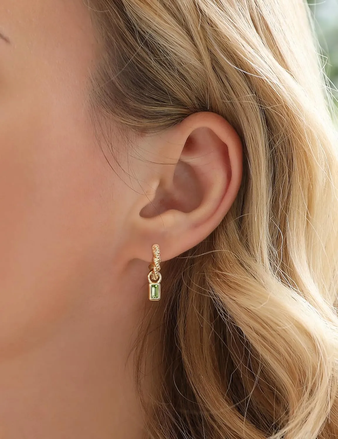 Gold Hoops Earrings for Women Dainty Twist Small Emerald Cut Crystal Charm Drop Dangle Hypoallergenic Earring