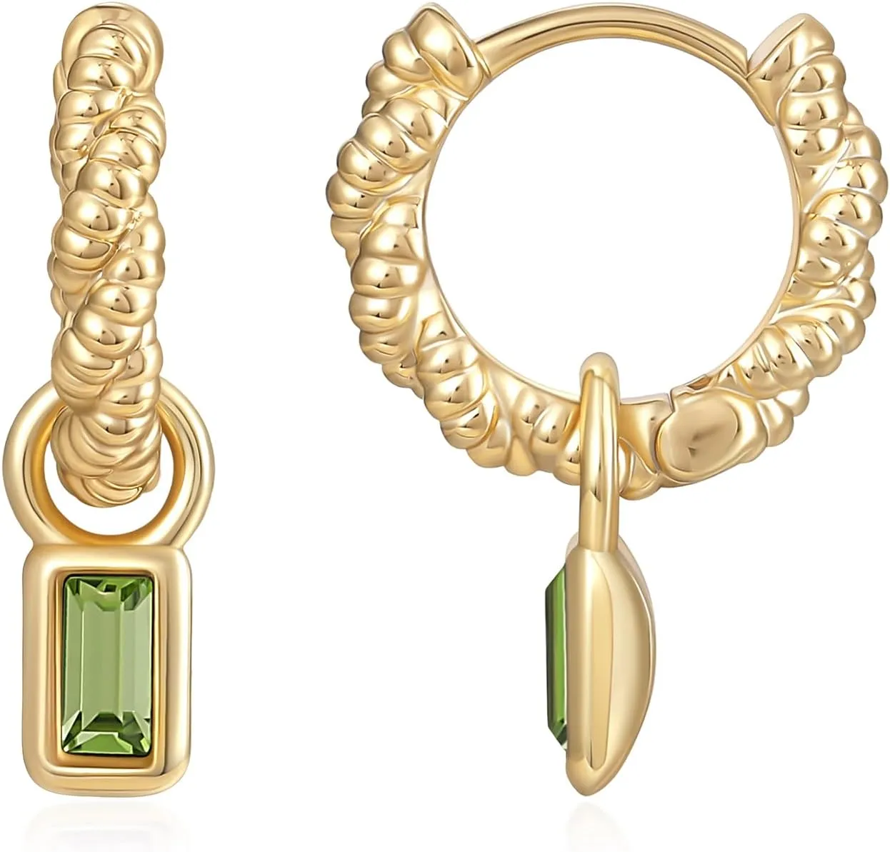 Gold Hoops Earrings for Women Dainty Twist Small Emerald Cut Crystal Charm Drop Dangle Hypoallergenic Earring