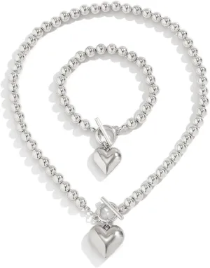 Gold Jewelry Set for Wommen Chunky Heart Necklace and Bracelet Pearl Jewelry Set Dainty Silver Set Non Tarnish