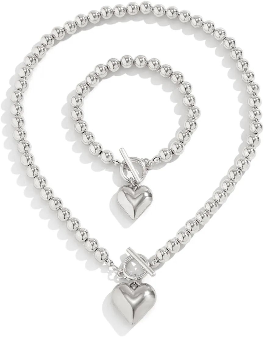 Gold Jewelry Set for Wommen Chunky Heart Necklace and Bracelet Pearl Jewelry Set Dainty Silver Set Non Tarnish