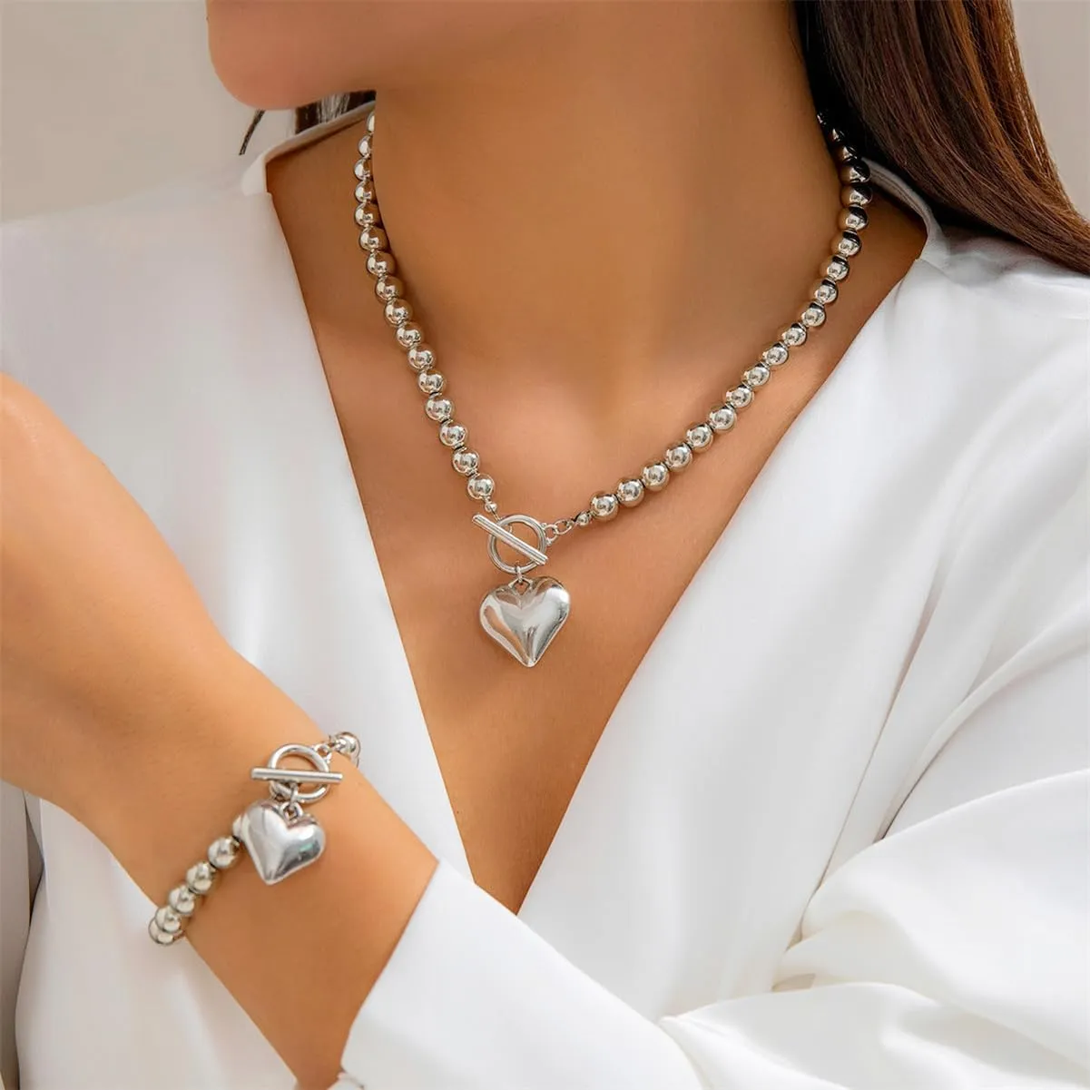 Gold Jewelry Set for Wommen Chunky Heart Necklace and Bracelet Pearl Jewelry Set Dainty Silver Set Non Tarnish