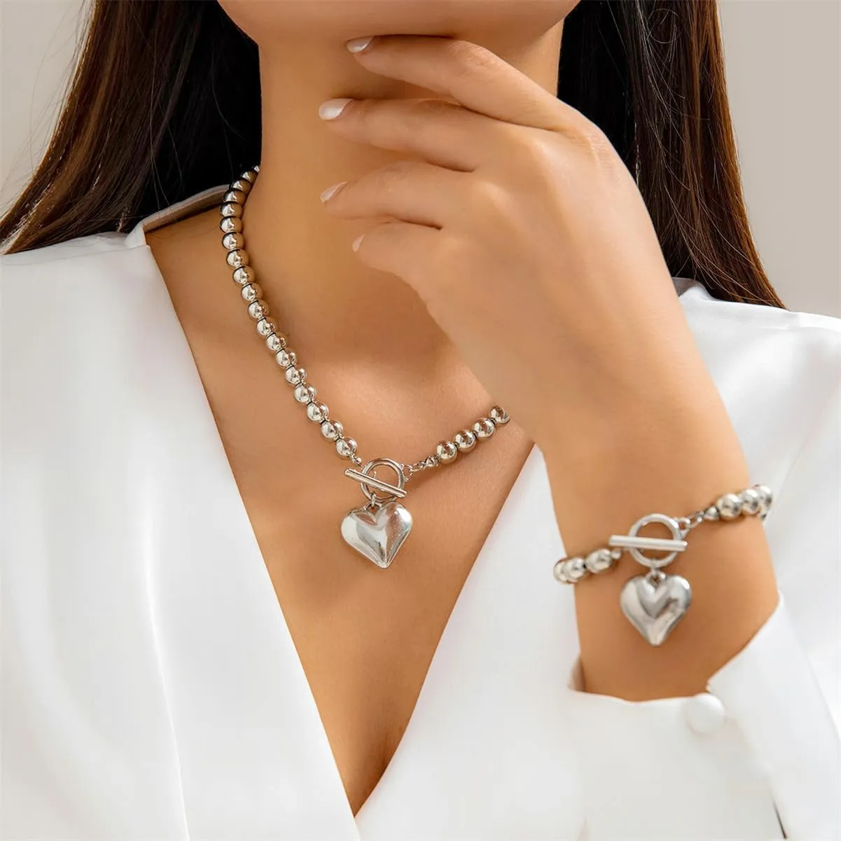 Gold Jewelry Set for Wommen Chunky Heart Necklace and Bracelet Pearl Jewelry Set Dainty Silver Set Non Tarnish