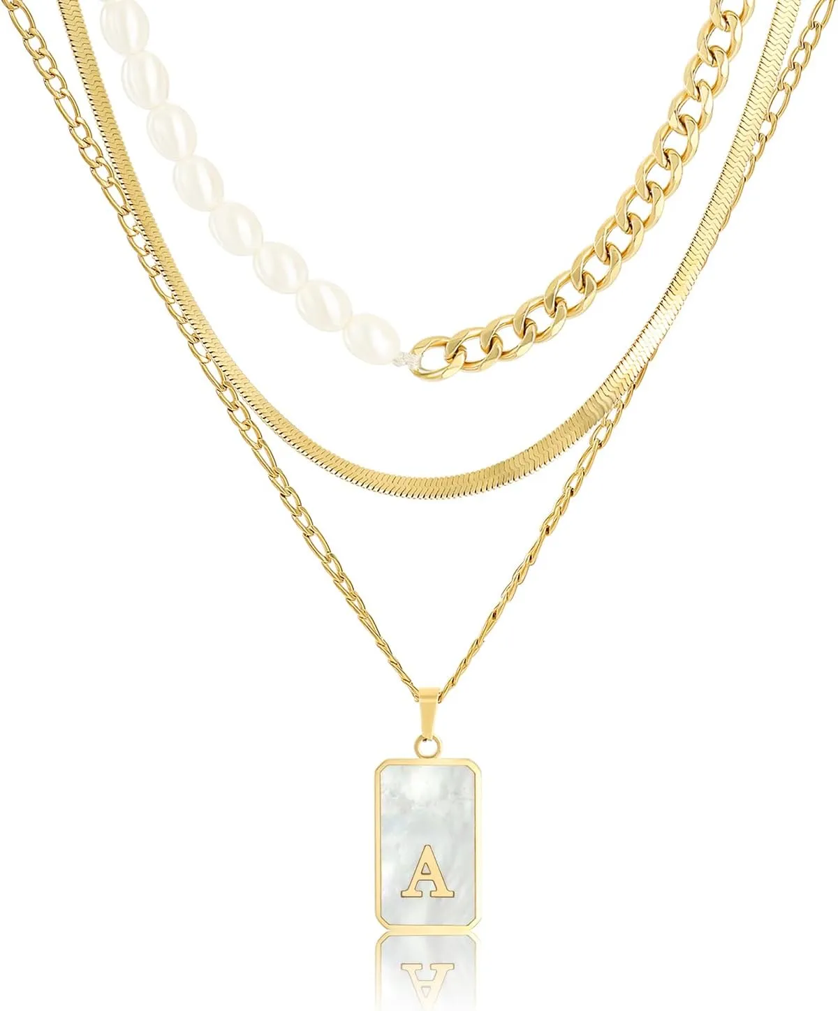 Gold Layered Initial Necklace for Women 3 Set- 14K Gold Plated Personalized Name Necklace Shell Letter Cuban Link Pearl Choker Flat Snake Chain,Dainty Layered Chain Jewelry Gift