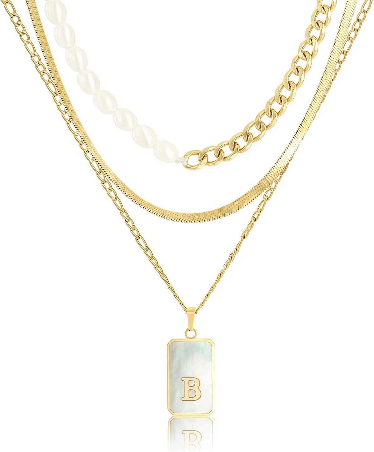 Gold Layered Initial Necklace for Women 3 Set- 14K Gold Plated Personalized Name Necklace Shell Letter Cuban Link Pearl Choker Flat Snake Chain,Dainty Layered Chain Jewelry Gift